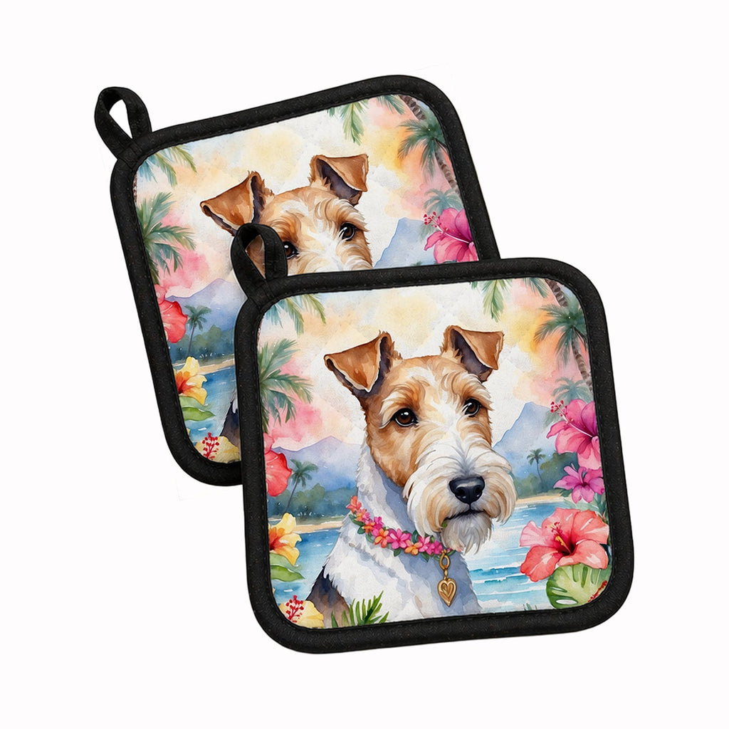 Fox Terrier Luau Pot Holder Set of 2 Heat Resistant Quilted Hot Pads 7.5 x 7.5 Inch, Insulated Kitchen Trivets for Cooking & Baking