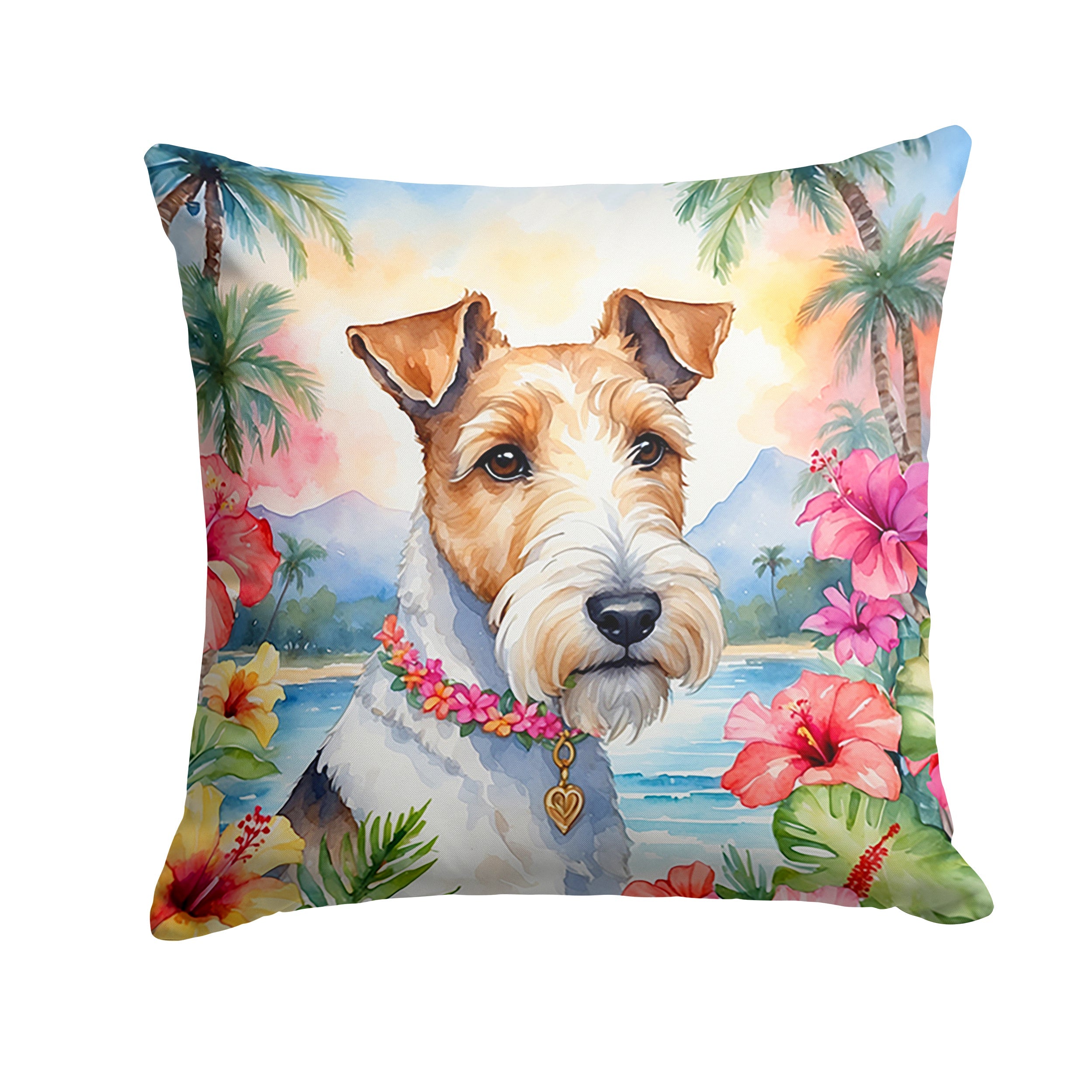 Fox Terrier Luau Decorative Throw Pillow 14x14 Indoor Outdoor Accent Cushion, Fabric Cover with Insert for Sofa, Bed, Porch & Living Room