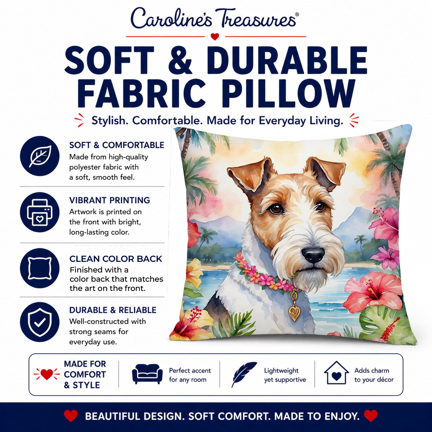 Fox Terrier Luau Decorative Throw Pillow 14x14 Indoor Outdoor Accent Cushion, Fabric Cover with Insert for Sofa, Bed, Porch & Living Room