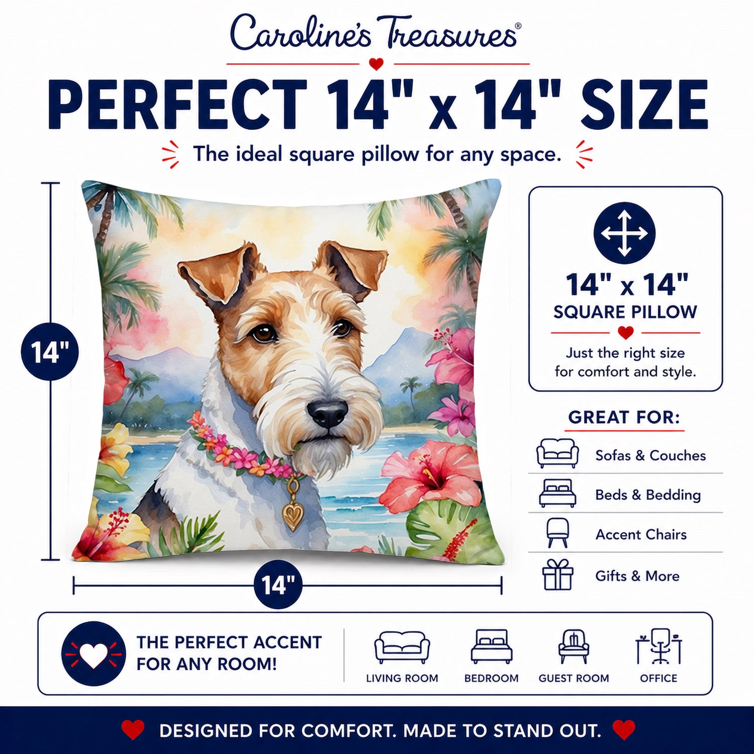 Fox Terrier Luau Decorative Throw Pillow 14x14 Indoor Outdoor Accent Cushion, Fabric Cover with Insert for Sofa, Bed, Porch & Living Room