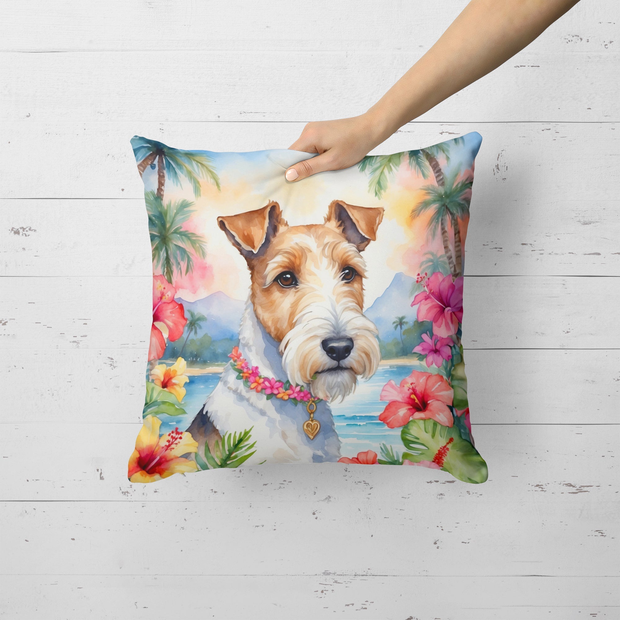 Fox Terrier Luau Decorative Throw Pillow 18x18 Indoor Outdoor Accent Cushion, Fabric Cover with Insert for Sofa, Bed, Porch & Living Room