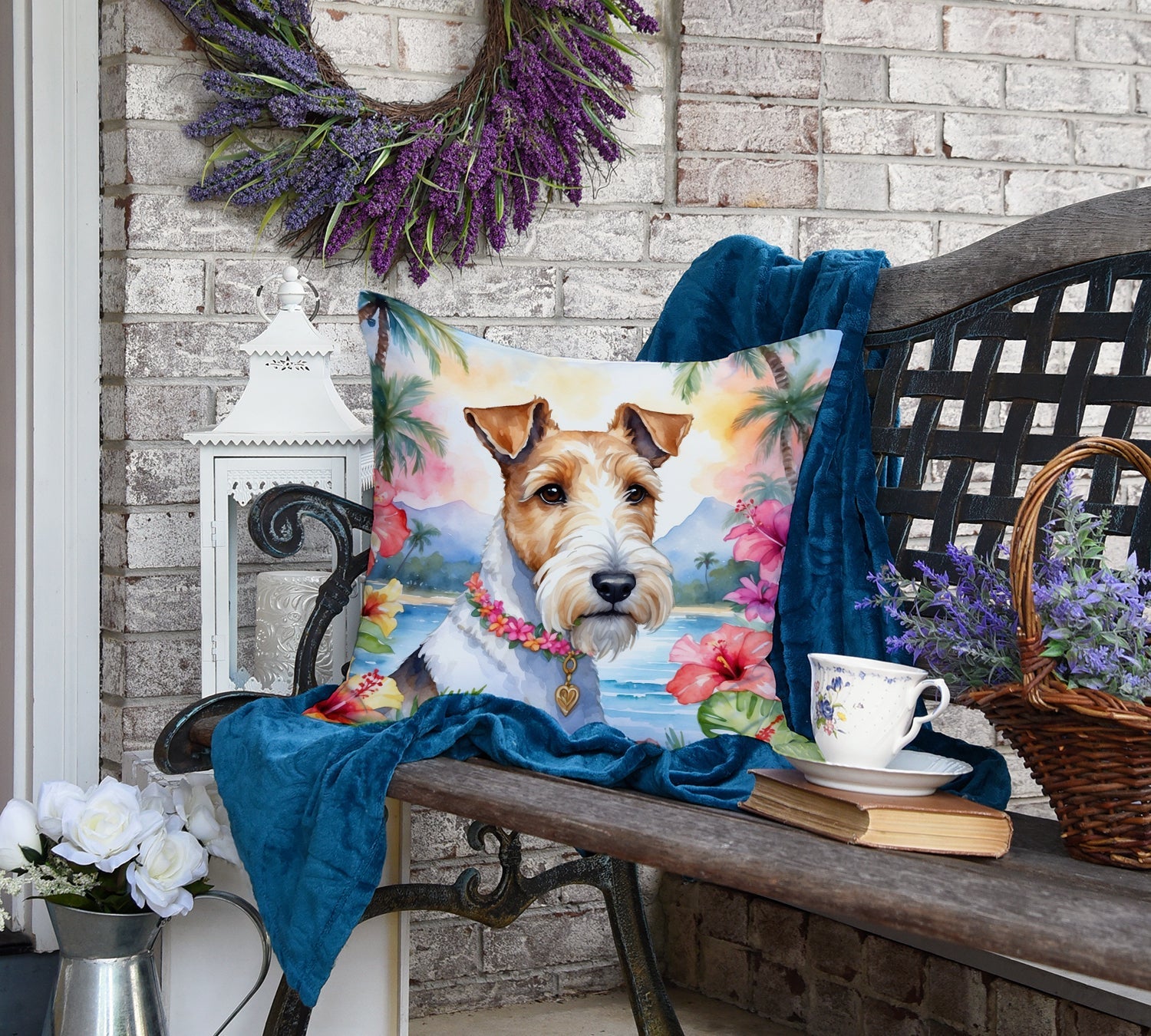 Fox Terrier Luau Decorative Throw Pillow 18x18 Indoor Outdoor Accent Cushion, Fabric Cover with Insert for Sofa, Bed, Porch & Living Room