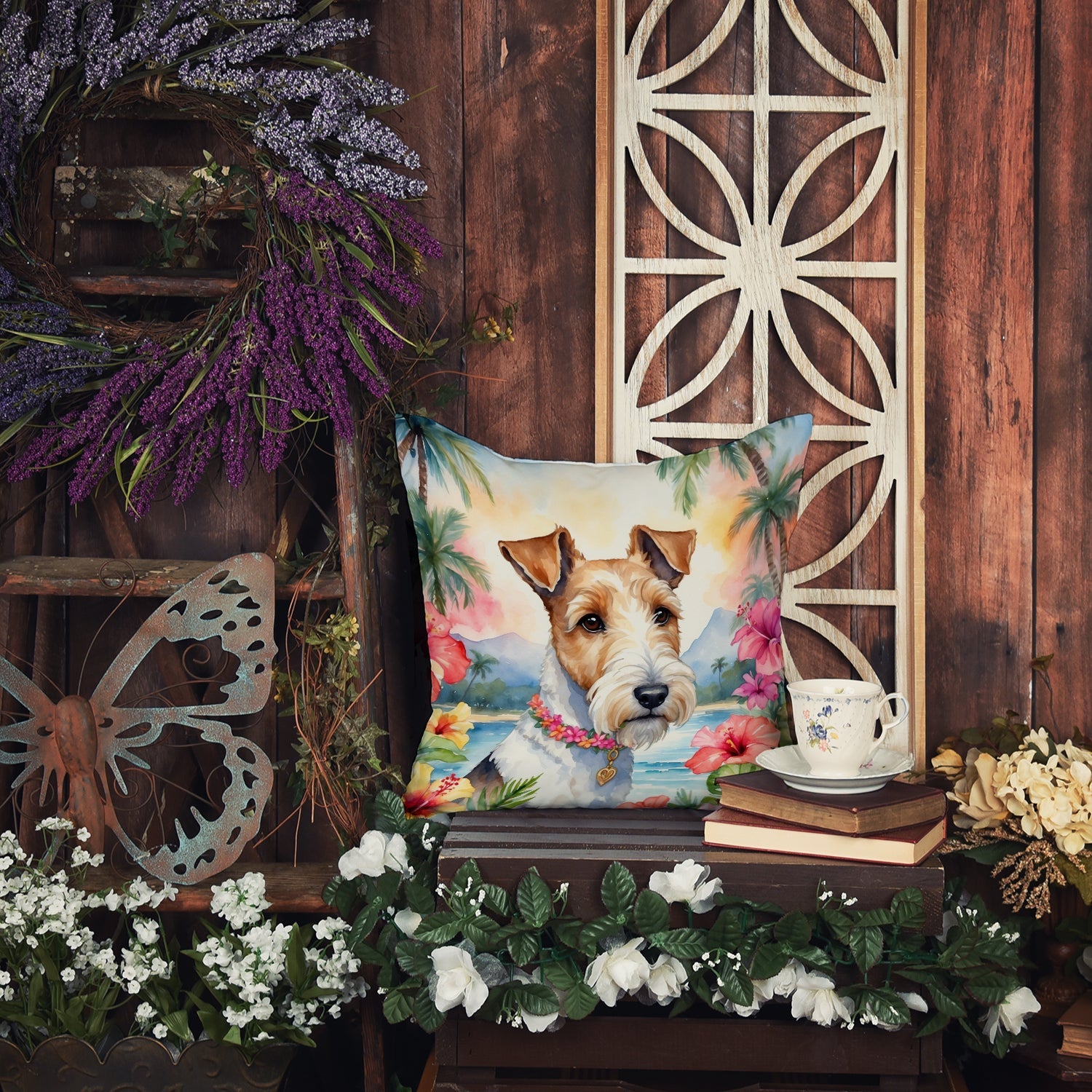 Fox Terrier Luau Decorative Throw Pillow 18x18 Indoor Outdoor Accent Cushion, Fabric Cover with Insert for Sofa, Bed, Porch & Living Room