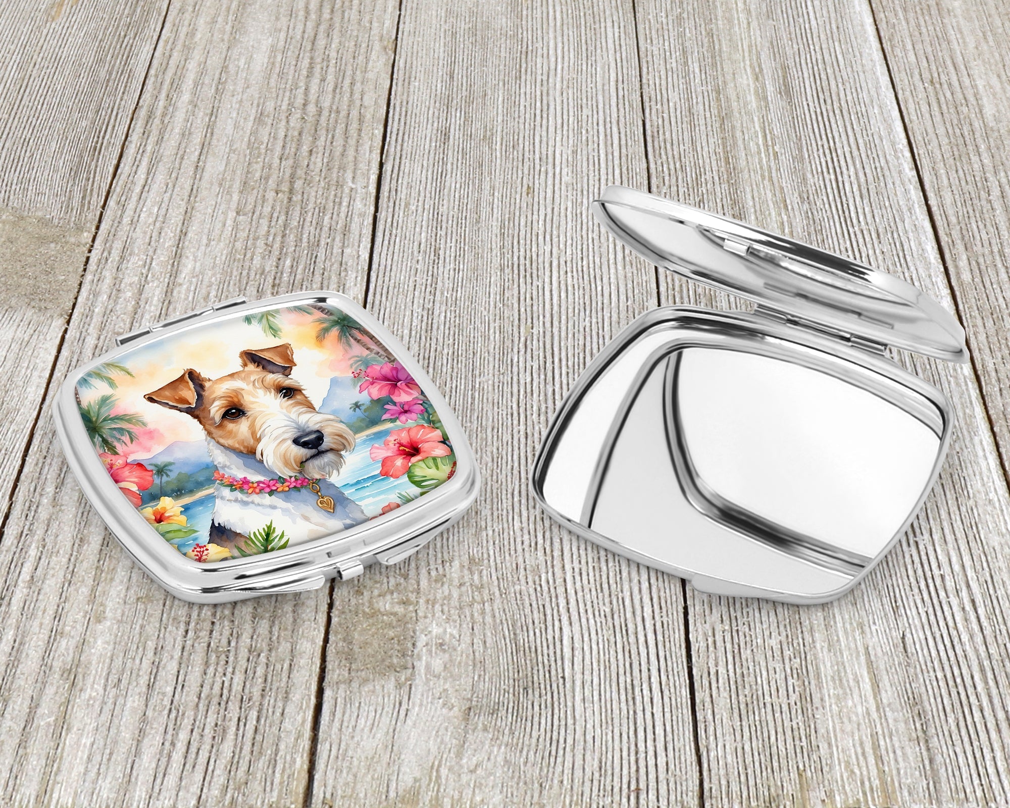 Fox Terrier Luau Compact Mirror Decorative Travel Makeup Mirror for Women Girls Gifts Pocket Makeup Mirror Folding Handheld