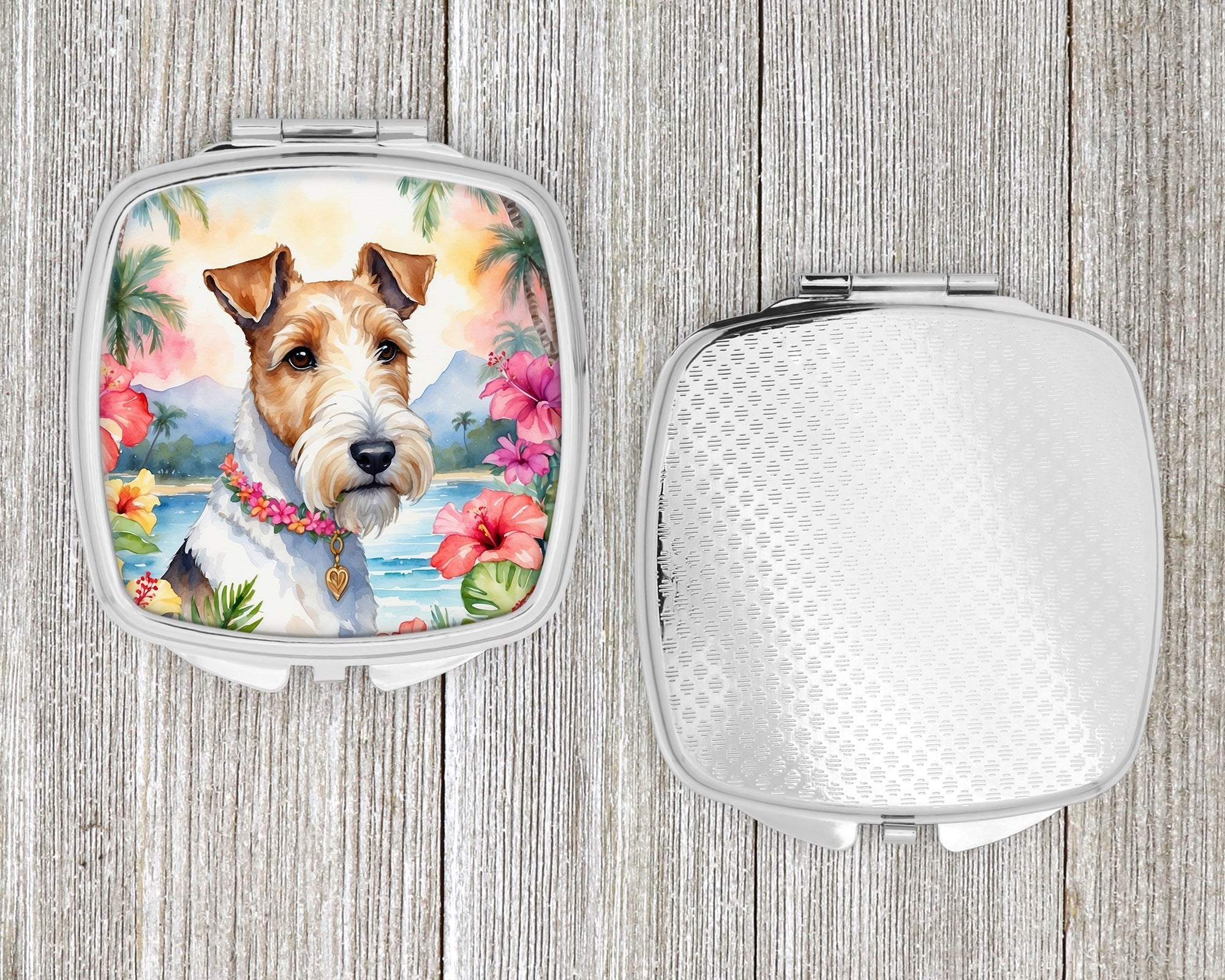 Fox Terrier Luau Compact Mirror Decorative Travel Makeup Mirror for Women Girls Gifts Pocket Makeup Mirror Folding Handheld