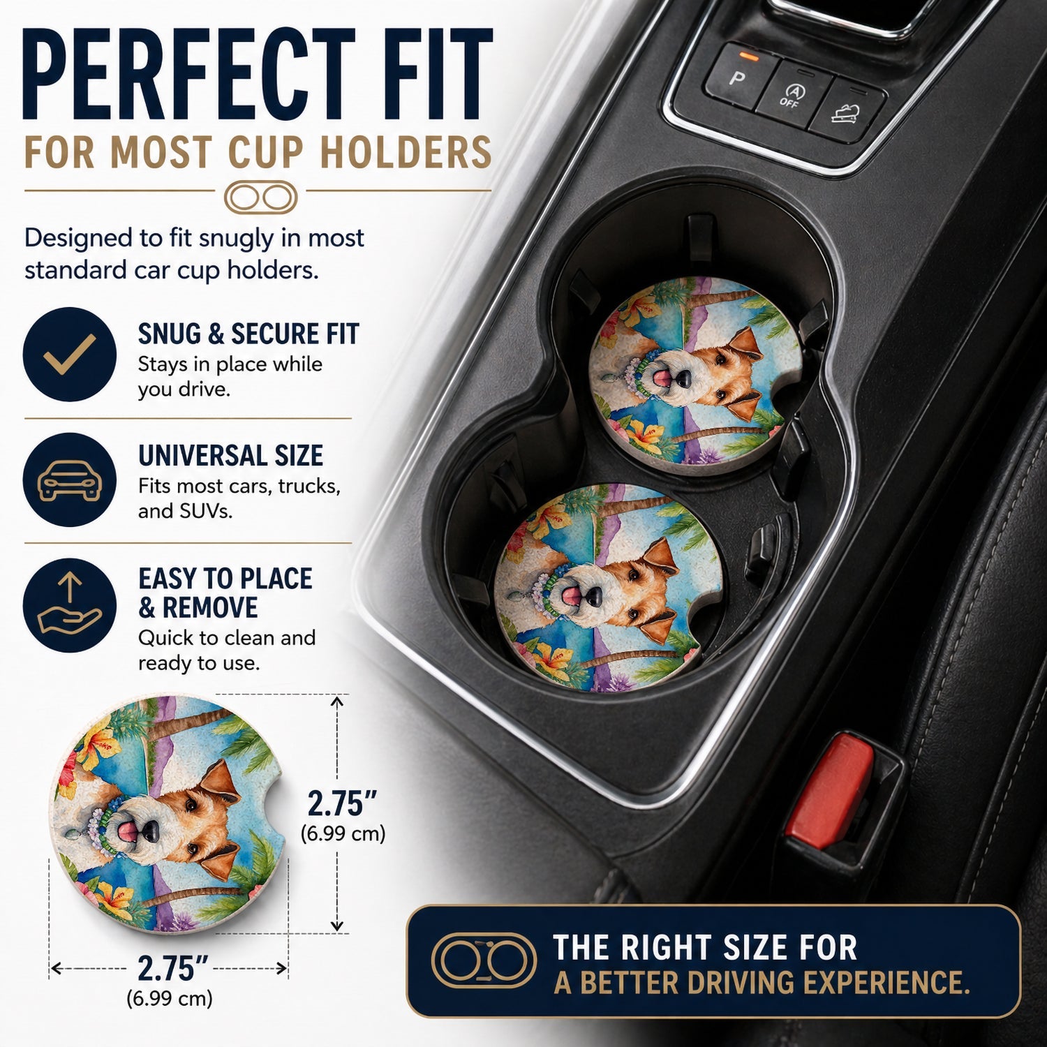 Fox Terrier Luau Set of 2 Cup Holder Car Coasters Absorbent Round Sandstone Coasters Gifts for Men or Women, 2.5, Multicolor