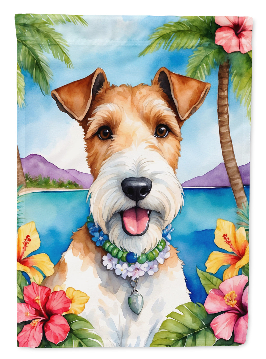 Fox Terrier Luau House Flag 28x40 Porch Sleeve Pole Decorative Outside Yard Banner Artwork Wall Hanging, Polyester