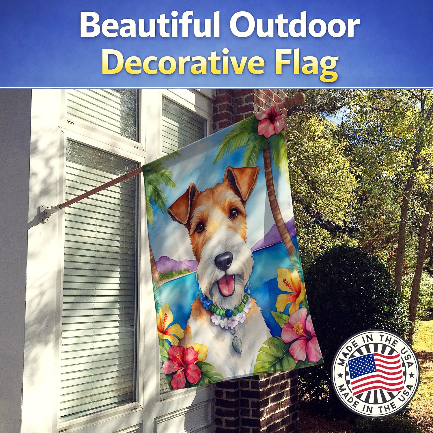 Fox Terrier Luau House Flag 28x40 Porch Sleeve Pole Decorative Outside Yard Banner Artwork Wall Hanging, Polyester