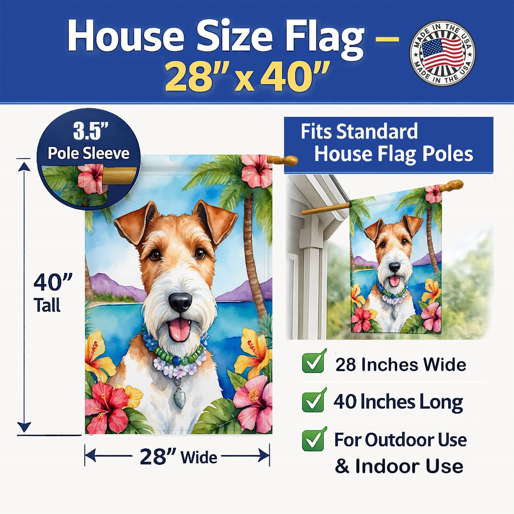 Fox Terrier Luau House Flag 28x40 Porch Sleeve Pole Decorative Outside Yard Banner Artwork Wall Hanging, Polyester