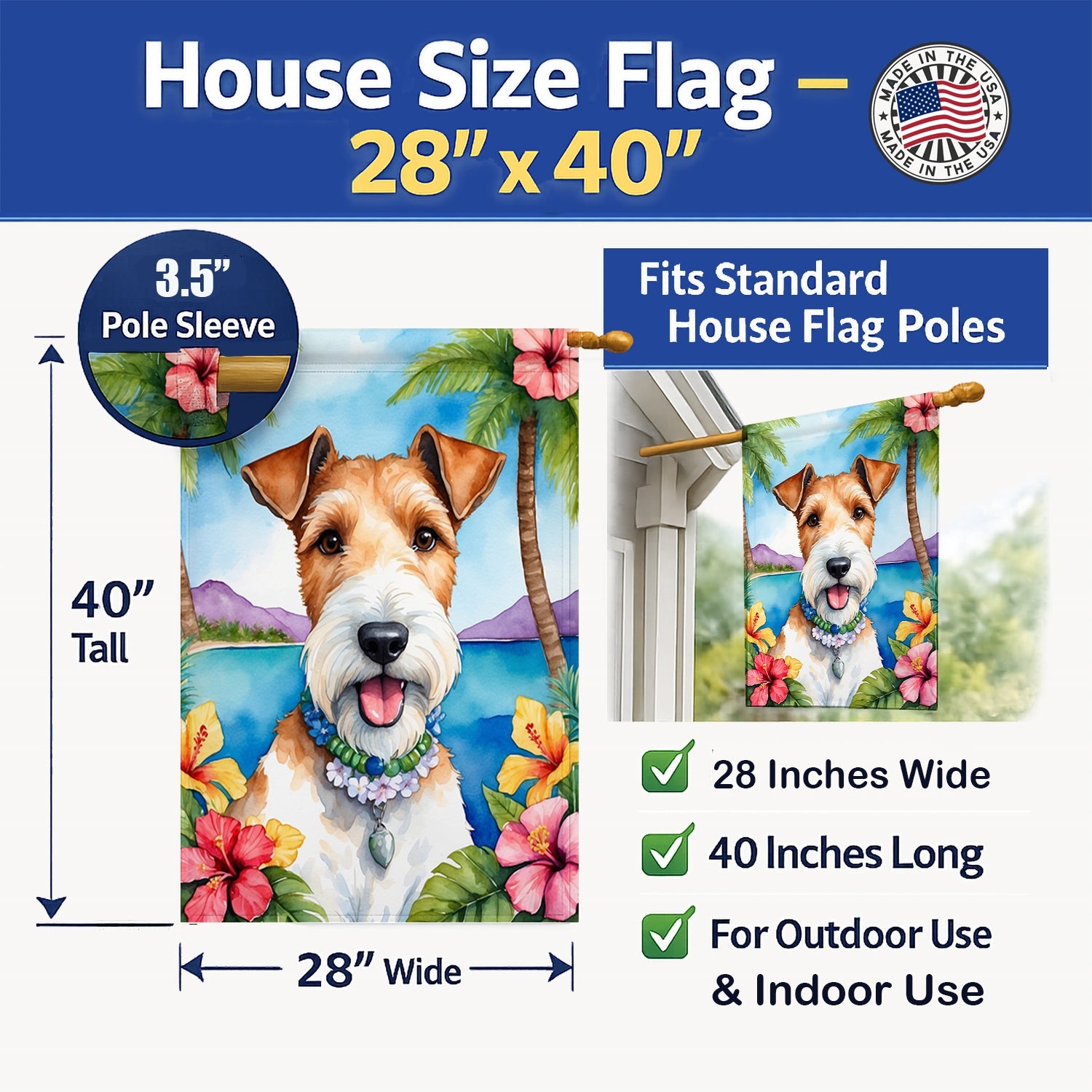 Fox Terrier Luau House Flag 28x40 Porch Sleeve Pole Decorative Outside Yard Banner Artwork Wall Hanging, Polyester