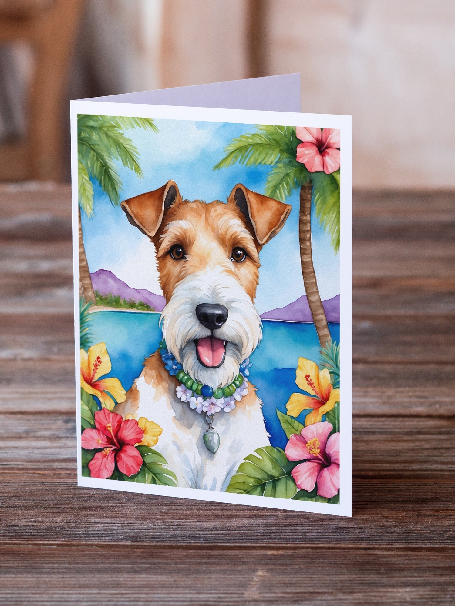 Fox Terrier Luau Greeting Cards Pack of 8 Blank Cards with Envelopes Whimsical A7 Size 5x7
