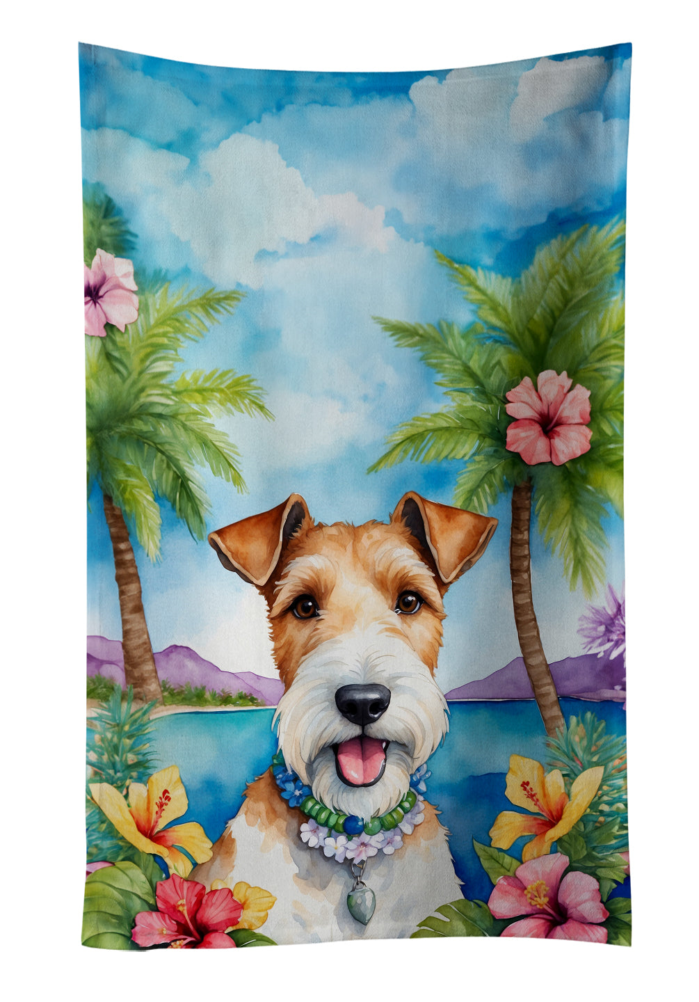 Fox Terrier Luau Kitchen Towel Velour Plush Front and Cotton Loop Back Machine Washable