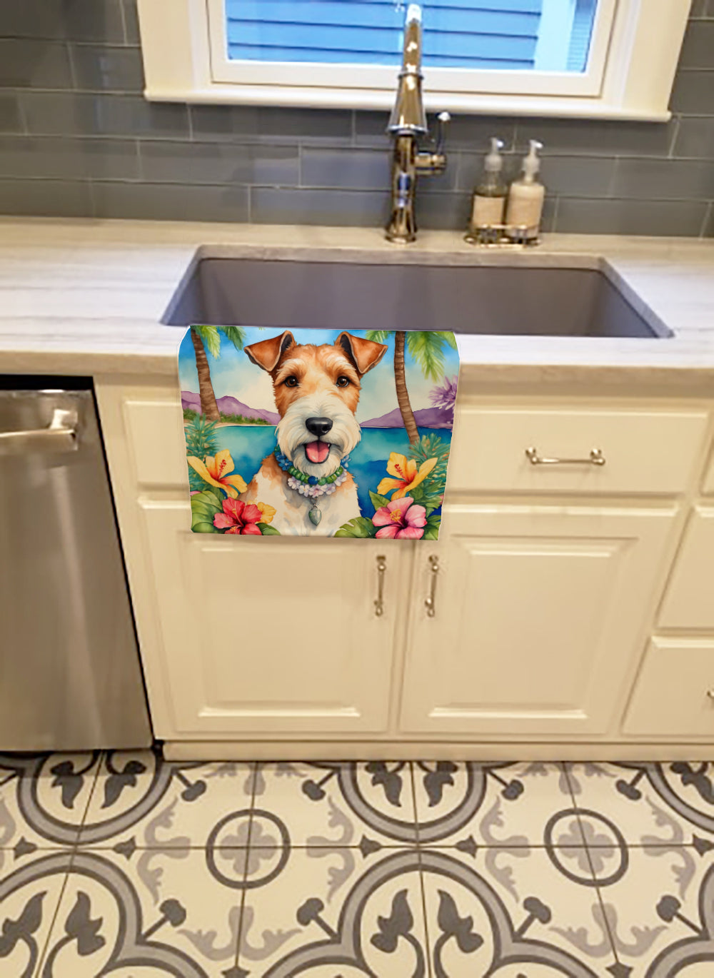 Fox Terrier Luau Kitchen Towel Velour Plush Front and Cotton Loop Back Machine Washable