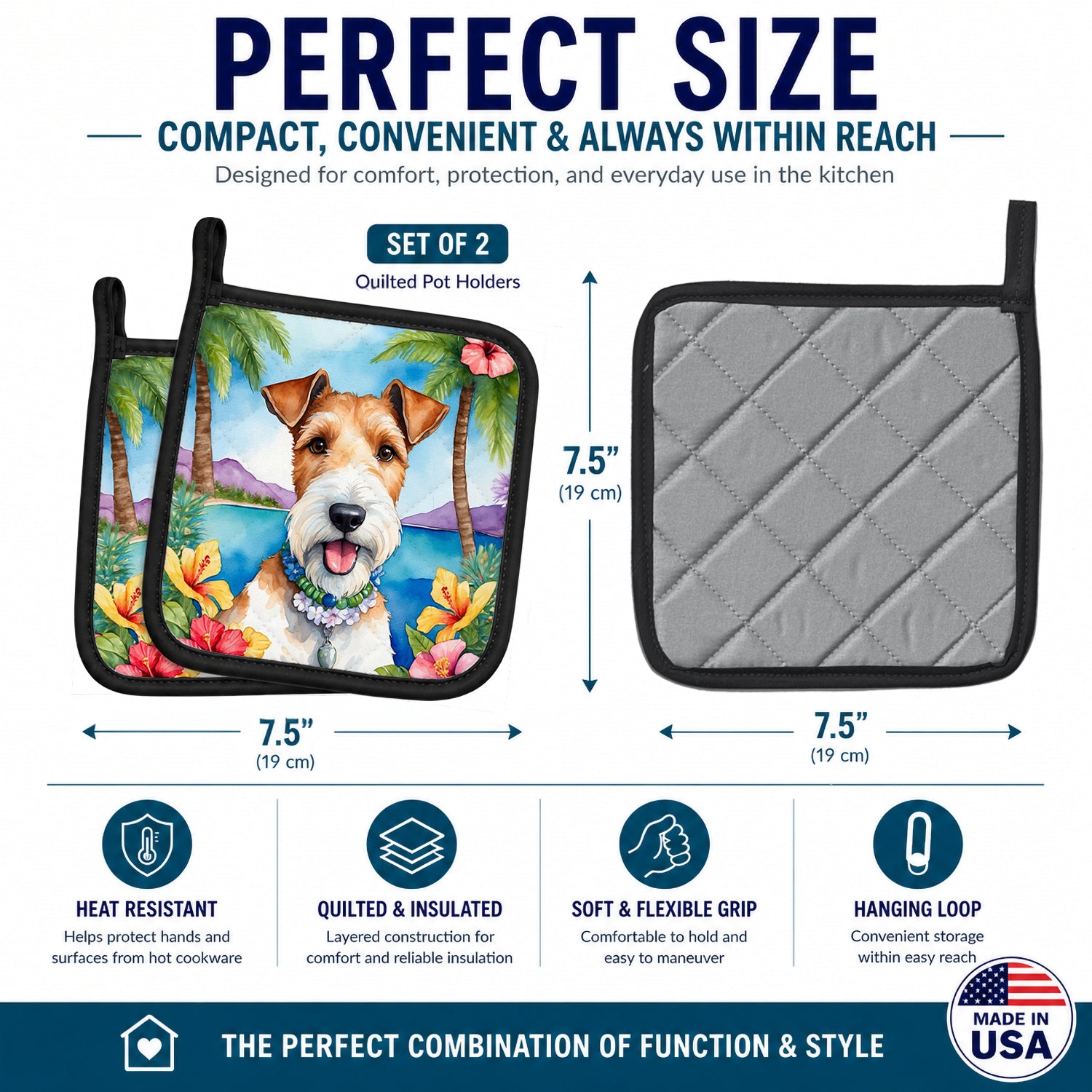 Fox Terrier Luau Pot Holder Set of 2 Heat Resistant Quilted Hot Pads 7.5 x 7.5 Inch, Insulated Kitchen Trivets for Cooking & Baking