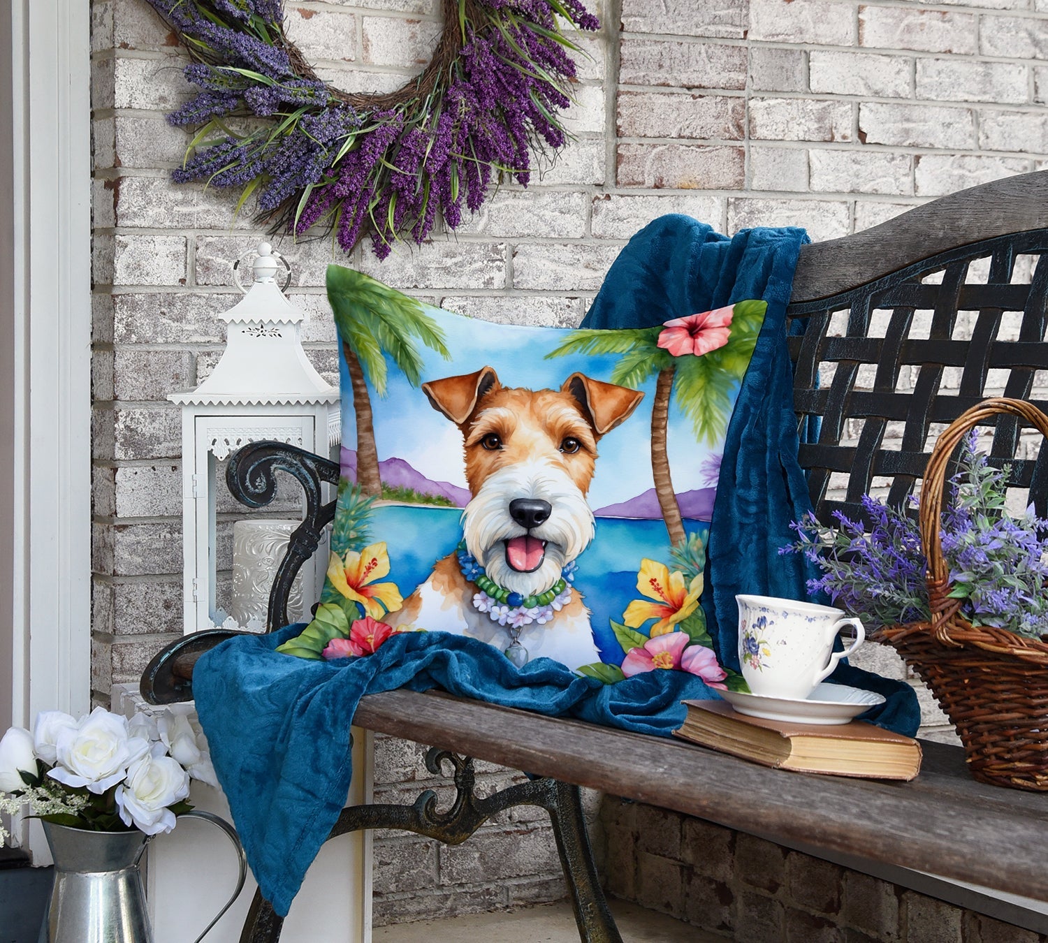 Fox Terrier Luau Decorative Throw Pillow 18x18 Indoor Outdoor Accent Cushion, Fabric Cover with Insert for Sofa, Bed, Porch & Living Room