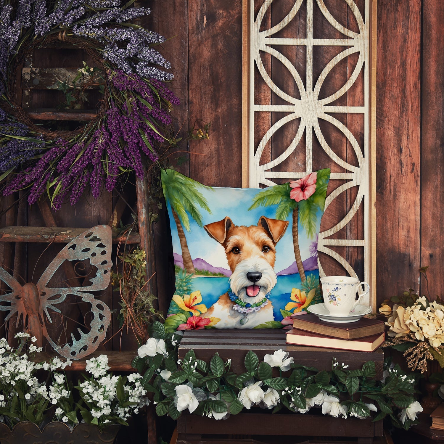Fox Terrier Luau Decorative Throw Pillow 18x18 Indoor Outdoor Accent Cushion, Fabric Cover with Insert for Sofa, Bed, Porch & Living Room