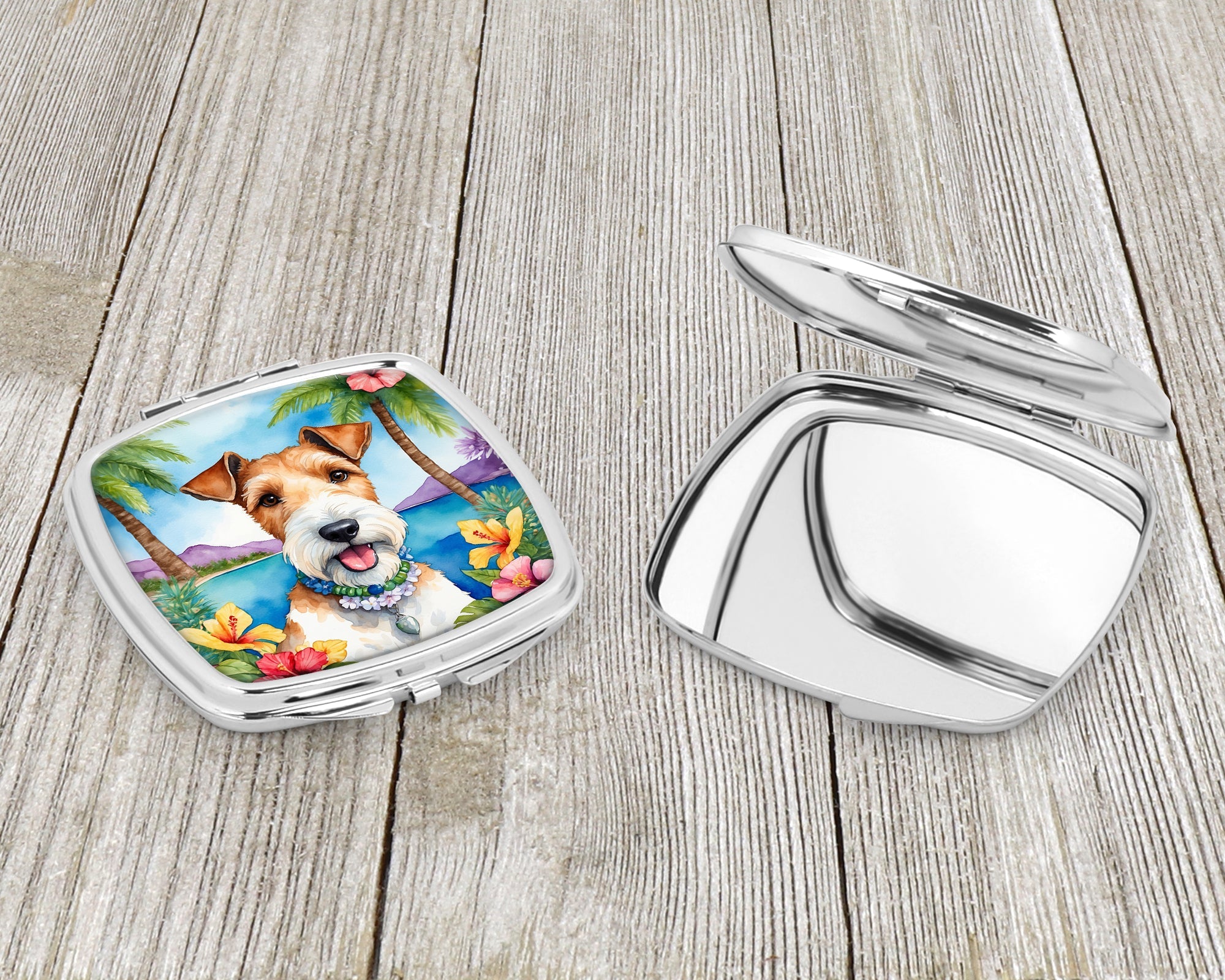 Fox Terrier Luau Compact Mirror Decorative Travel Makeup Mirror for Women Girls Gifts Pocket Makeup Mirror Folding Handheld