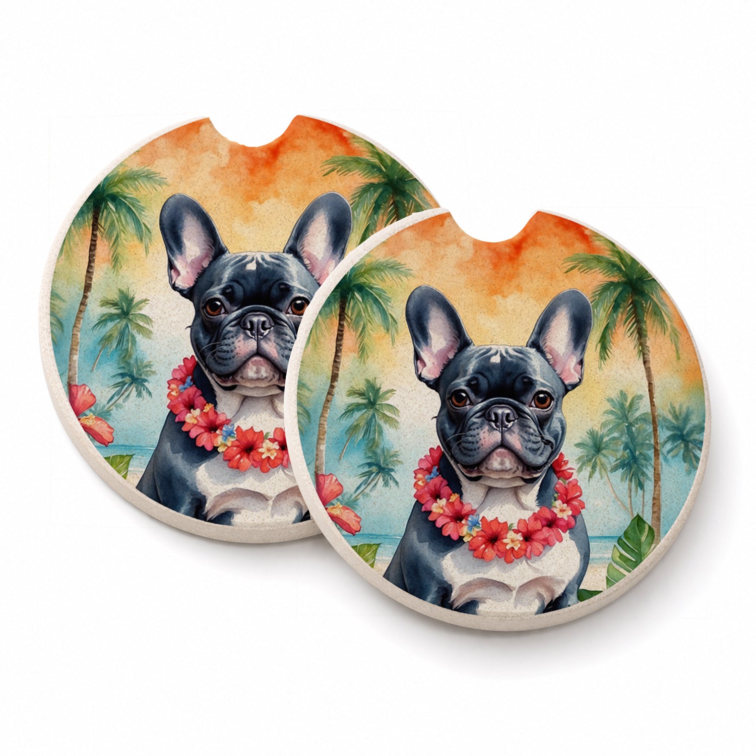 French Bulldog Luau Set of 2 Cup Holder Car Coasters Absorbent Round Sandstone Coasters Gifts for Men or Women, 2.5, Multicolor