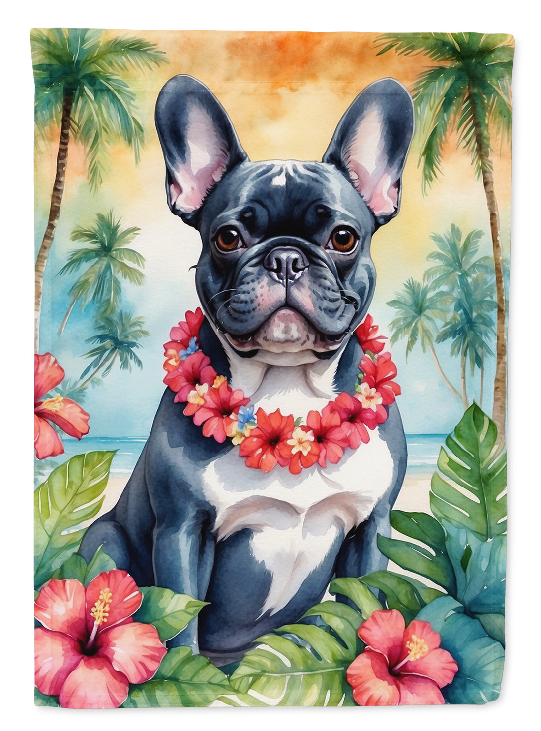 French Bulldog Luau House Flag 28x40 Porch Sleeve Pole Decorative Outside Yard Banner Artwork Wall Hanging, Polyester