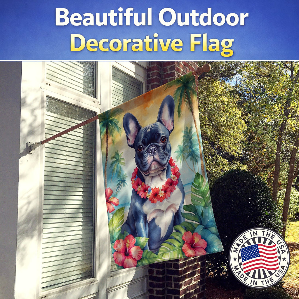 French Bulldog Luau House Flag 28x40 Porch Sleeve Pole Decorative Outside Yard Banner Artwork Wall Hanging, Polyester
