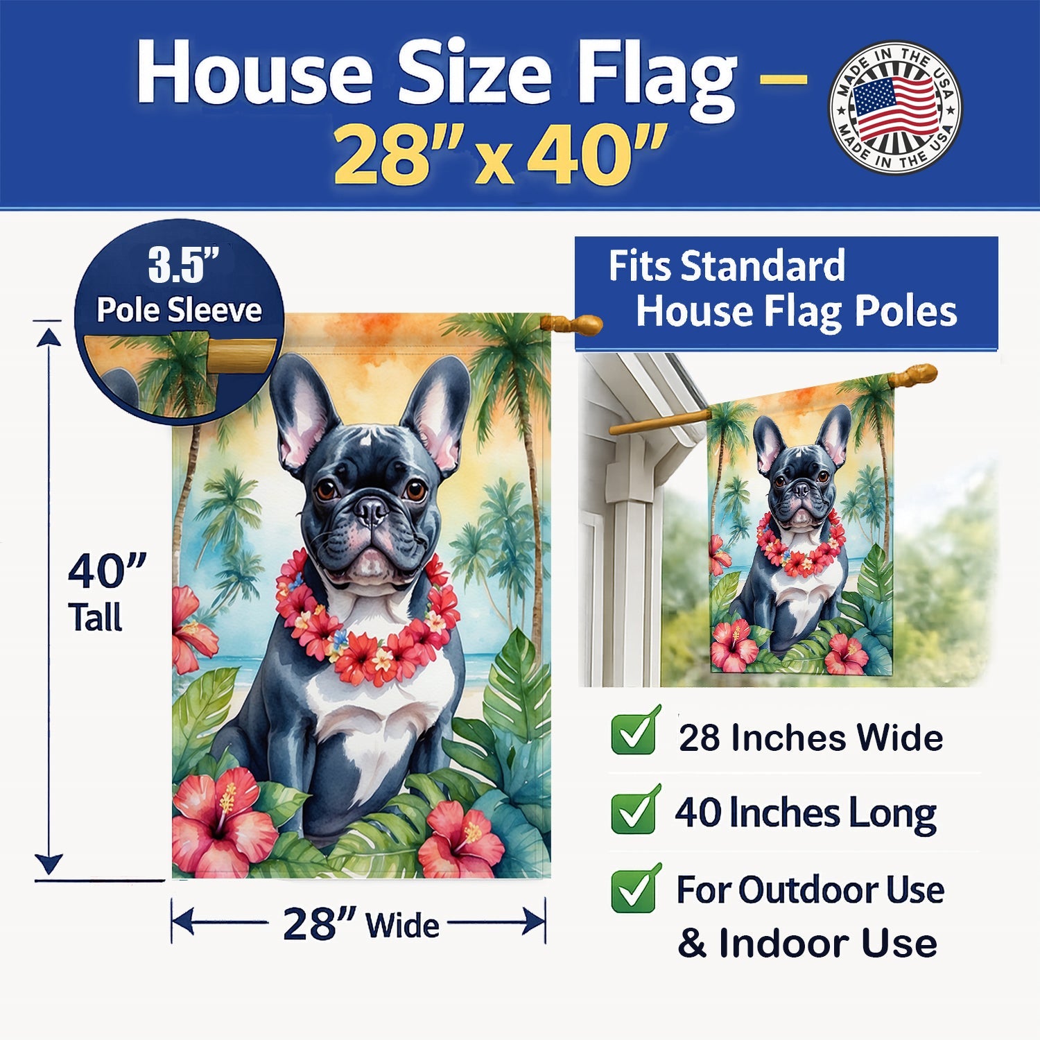 French Bulldog Luau House Flag 28x40 Porch Sleeve Pole Decorative Outside Yard Banner Artwork Wall Hanging, Polyester