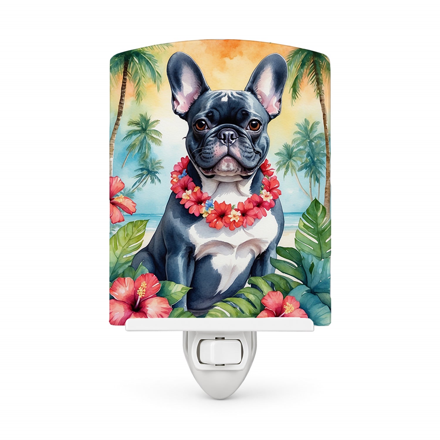 French Bulldog Luau Ceramic Night Light Compact, UL-Certified, Ideal for Bedroom, Bathroom, Nursery, Hallway, Kitchen, 6x4x3, Multicolor