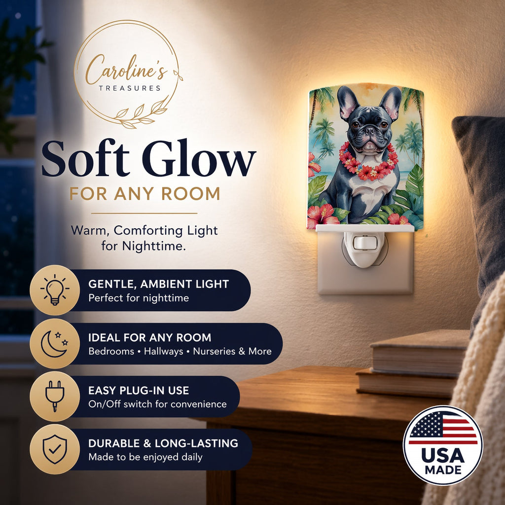 French Bulldog Luau Ceramic Night Light Compact, UL-Certified, Ideal for Bedroom, Bathroom, Nursery, Hallway, Kitchen, 6x4x3, Multicolor