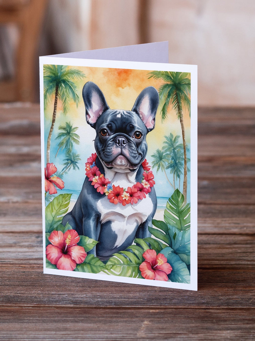 French Bulldog Luau Greeting Cards Pack of 8 Blank Cards with Envelopes Whimsical A7 Size 5x7