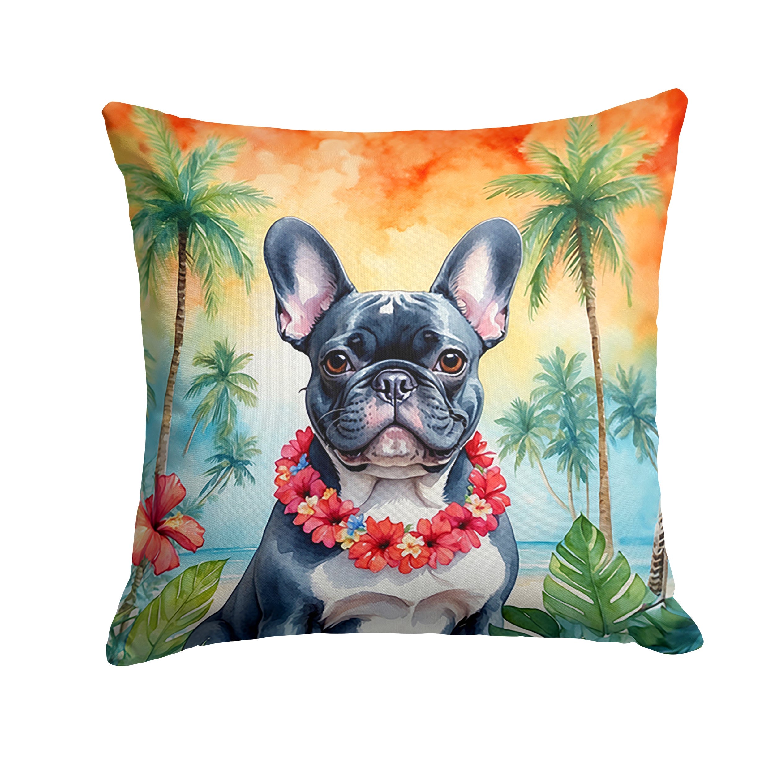 French Bulldog Luau Decorative Throw Pillow 14x14 Indoor Outdoor Accent Cushion, Fabric Cover with Insert for Sofa, Bed, Porch & Living Room