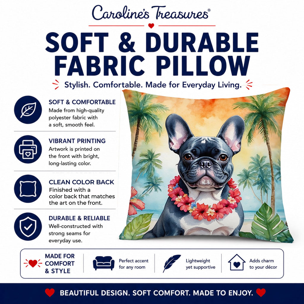French Bulldog Luau Decorative Throw Pillow 14x14 Indoor Outdoor Accent Cushion, Fabric Cover with Insert for Sofa, Bed, Porch & Living Room