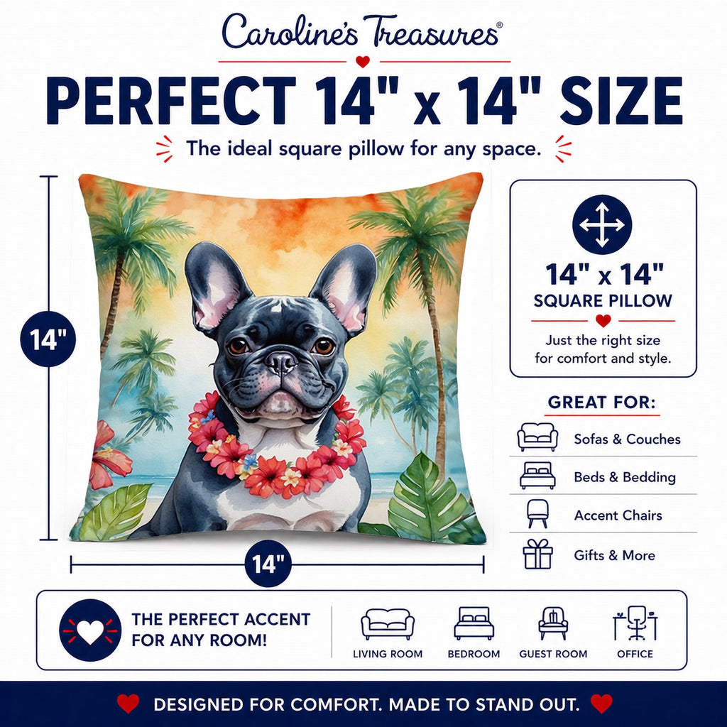 French Bulldog Luau Decorative Throw Pillow 14x14 Indoor Outdoor Accent Cushion, Fabric Cover with Insert for Sofa, Bed, Porch & Living Room