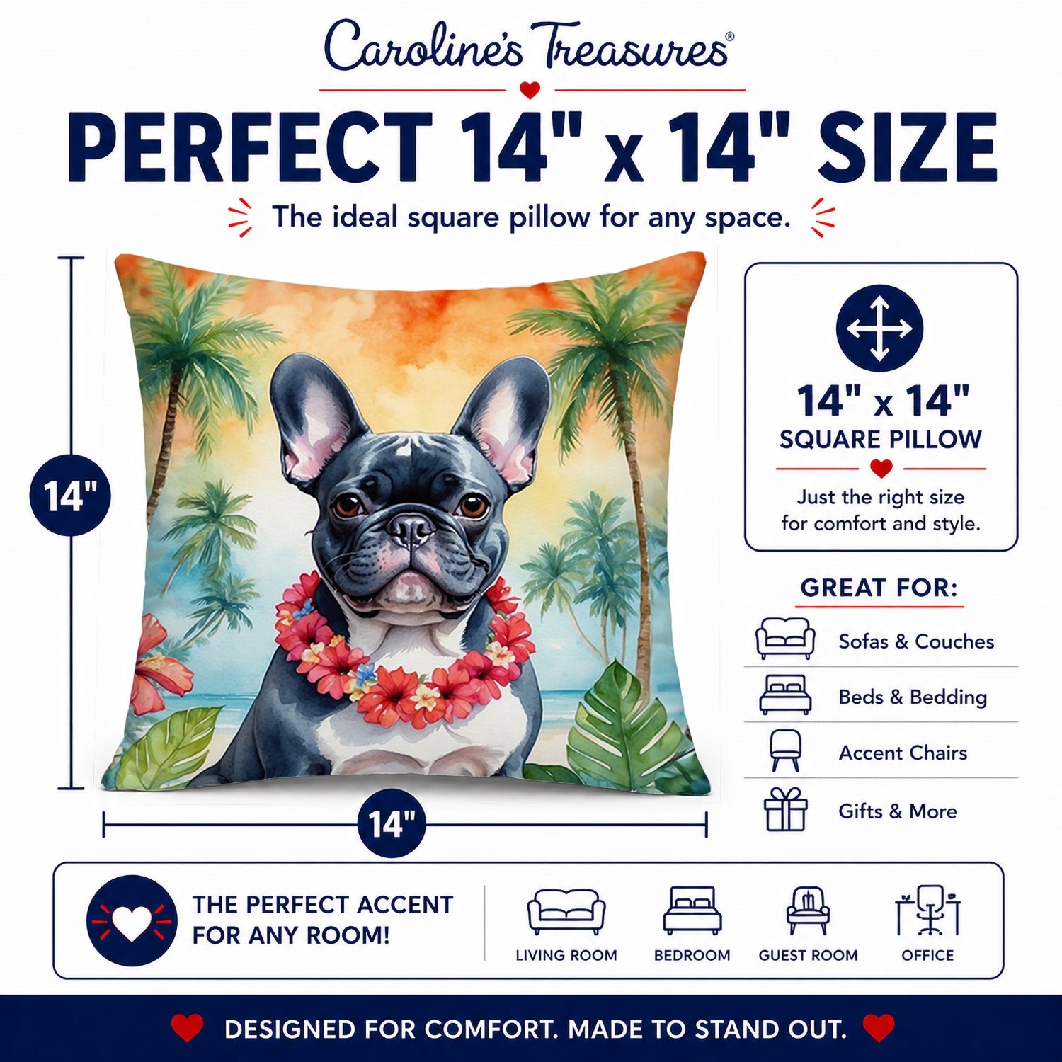 French Bulldog Luau Decorative Throw Pillow 14x14 Indoor Outdoor Accent Cushion, Fabric Cover with Insert for Sofa, Bed, Porch & Living Room