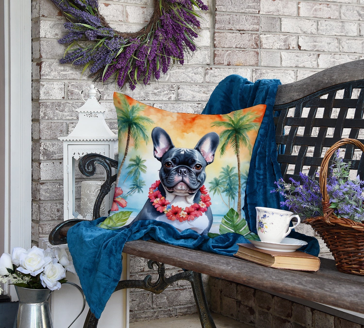 French Bulldog Luau Decorative Throw Pillow 18x18 Indoor Outdoor Accent Cushion, Fabric Cover with Insert for Sofa, Bed, Porch & Living Room