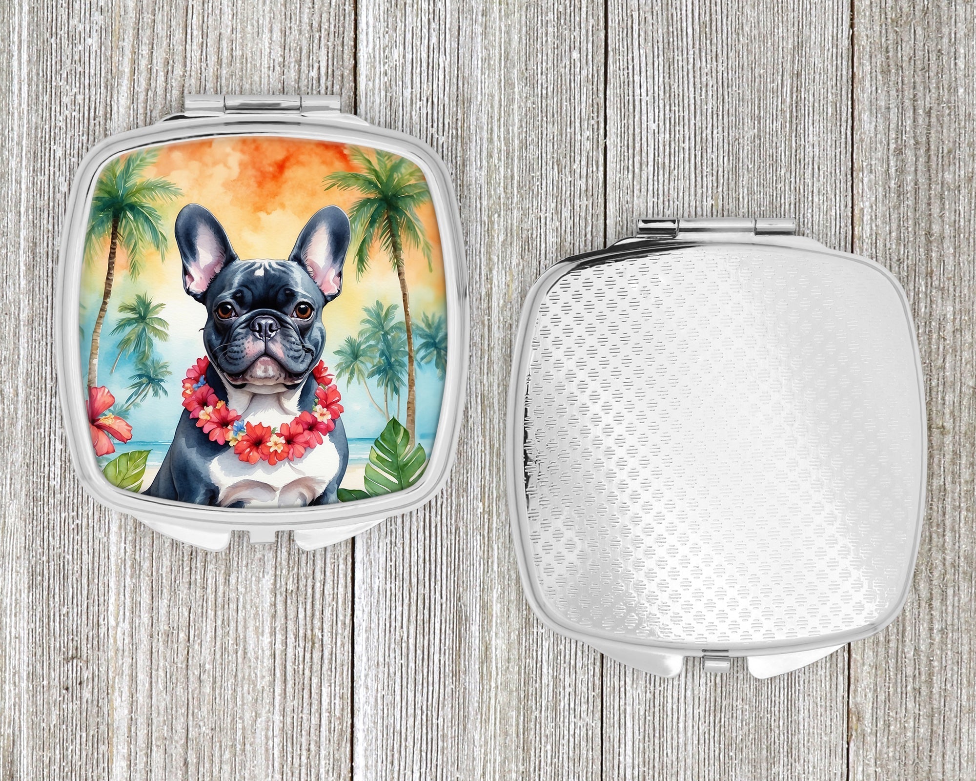 French Bulldog Luau Compact Mirror Decorative Travel Makeup Mirror for Women Girls Gifts Pocket Makeup Mirror Folding Handheld