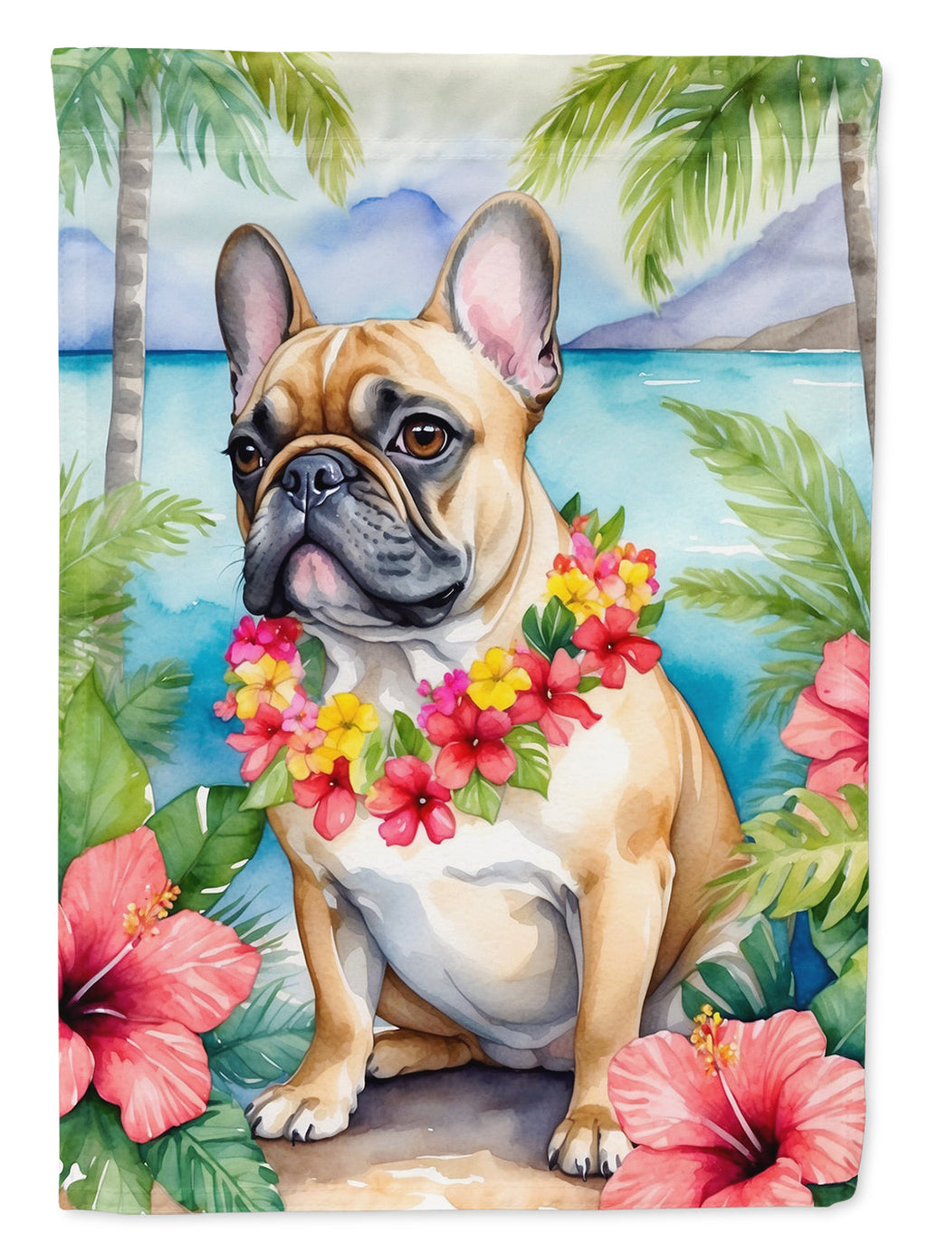 French Bulldog Luau House Flag 28x40 Porch Sleeve Pole Decorative Outside Yard Banner Artwork Wall Hanging, Polyester