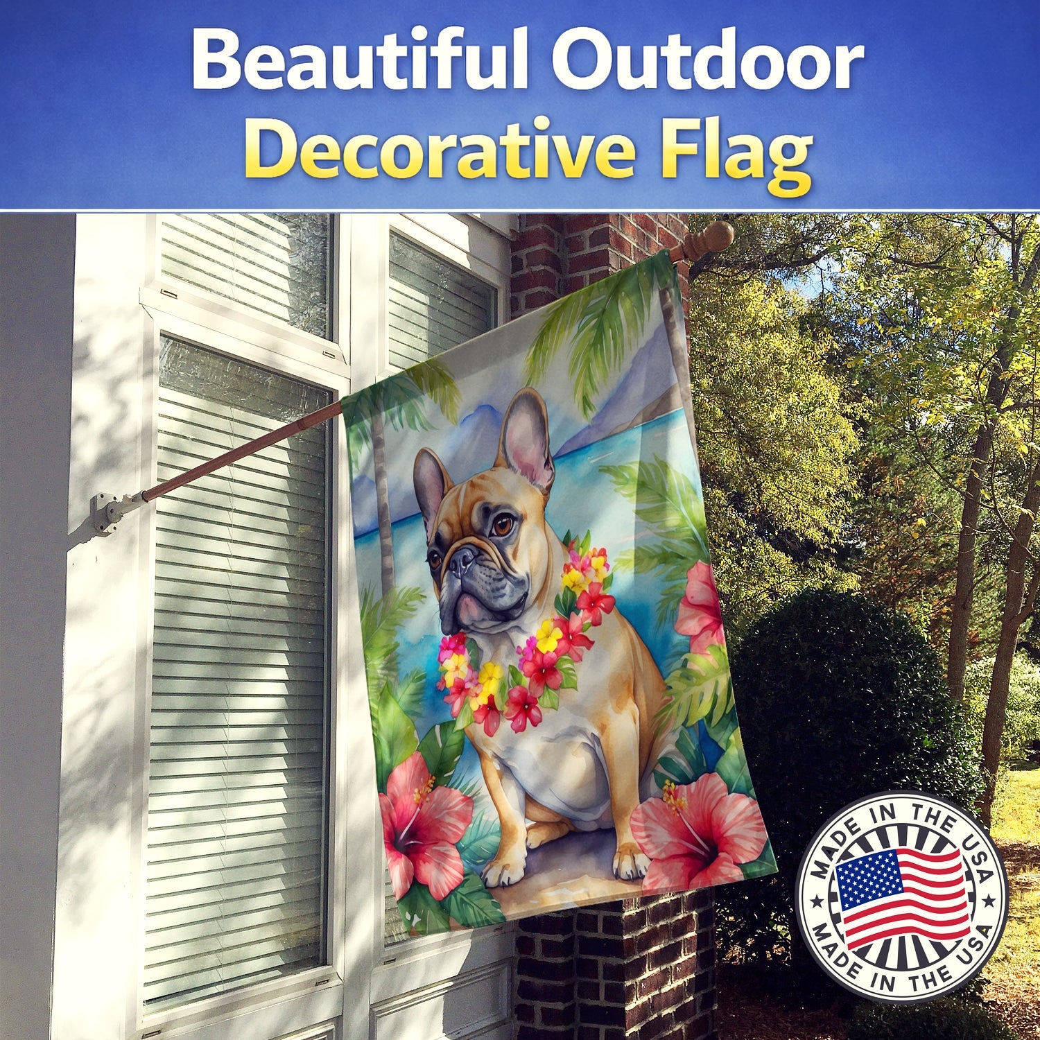 French Bulldog Luau House Flag 28x40 Porch Sleeve Pole Decorative Outside Yard Banner Artwork Wall Hanging, Polyester