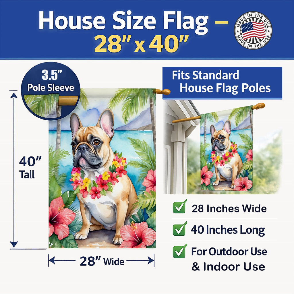 French Bulldog Luau House Flag 28x40 Porch Sleeve Pole Decorative Outside Yard Banner Artwork Wall Hanging, Polyester