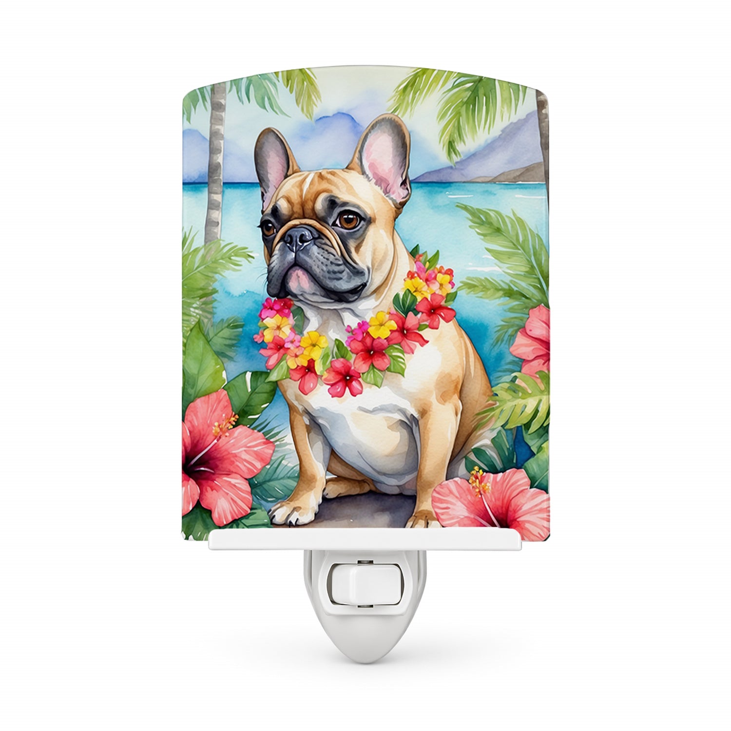 French Bulldog Luau Ceramic Night Light Compact, UL-Certified, Ideal for Bedroom, Bathroom, Nursery, Hallway, Kitchen, 6x4x3, Multicolor