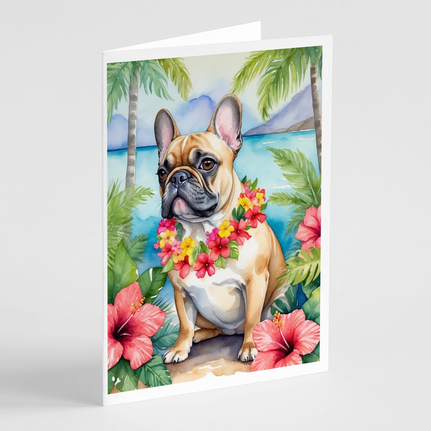 French Bulldog Luau Greeting Cards Pack of 8 Blank Cards with Envelopes Whimsical A7 Size 5x7