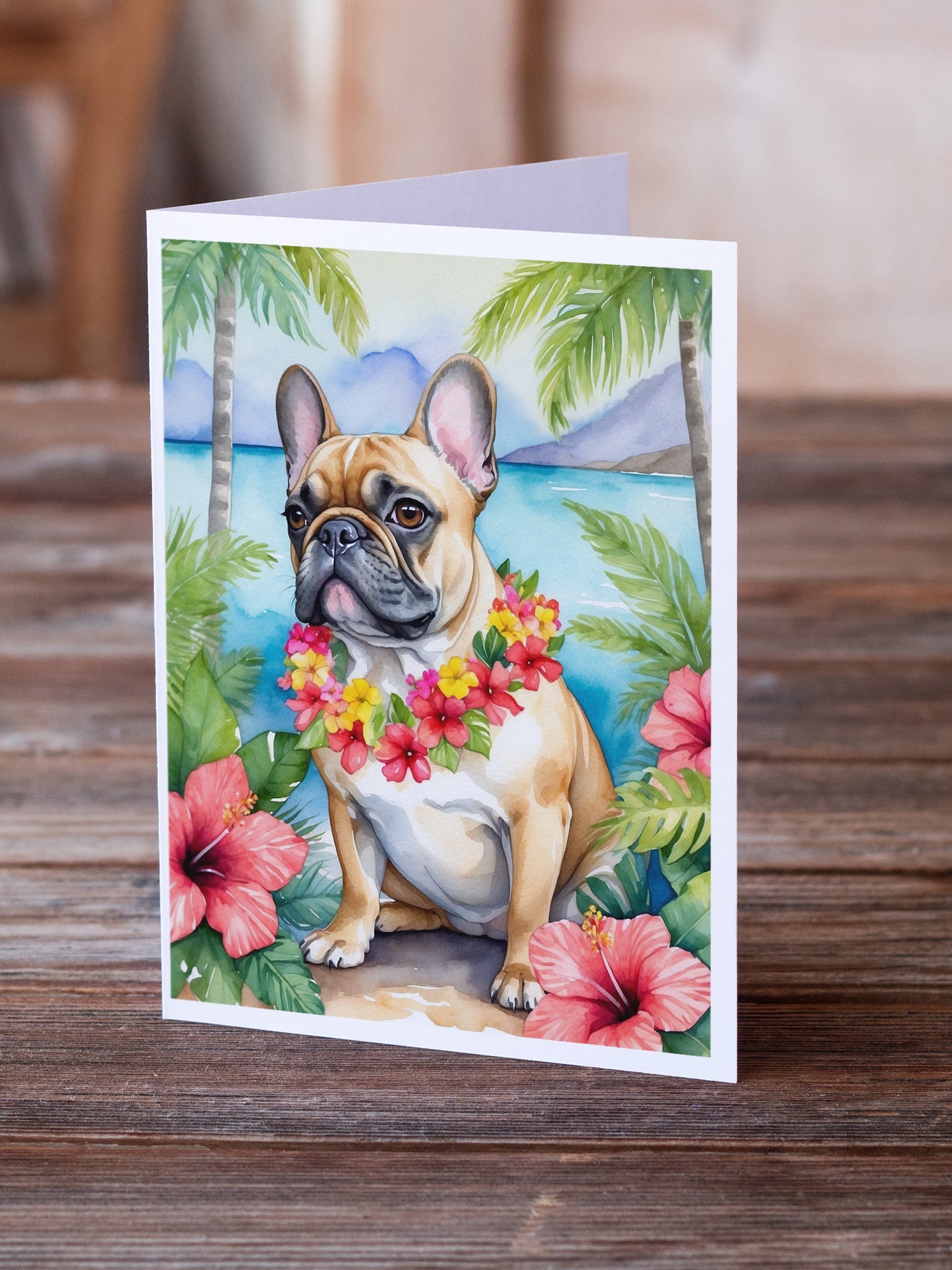 French Bulldog Luau Greeting Cards Pack of 8 Blank Cards with Envelopes Whimsical A7 Size 5x7