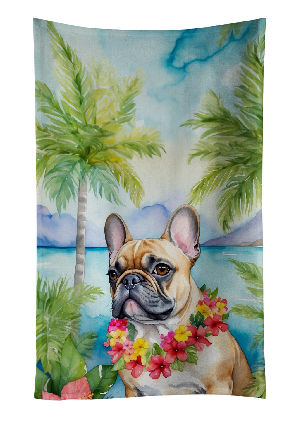 French Bulldog Luau Kitchen Towel Velour Plush Front and Cotton Loop Back Machine Washable