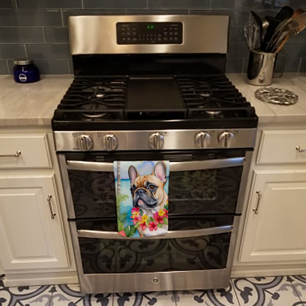 French Bulldog Luau Kitchen Towel Velour Plush Front and Cotton Loop Back Machine Washable