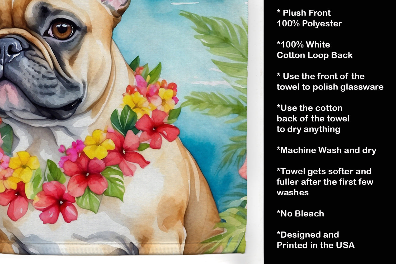 French Bulldog Luau Kitchen Towel Velour Plush Front and Cotton Loop Back Machine Washable