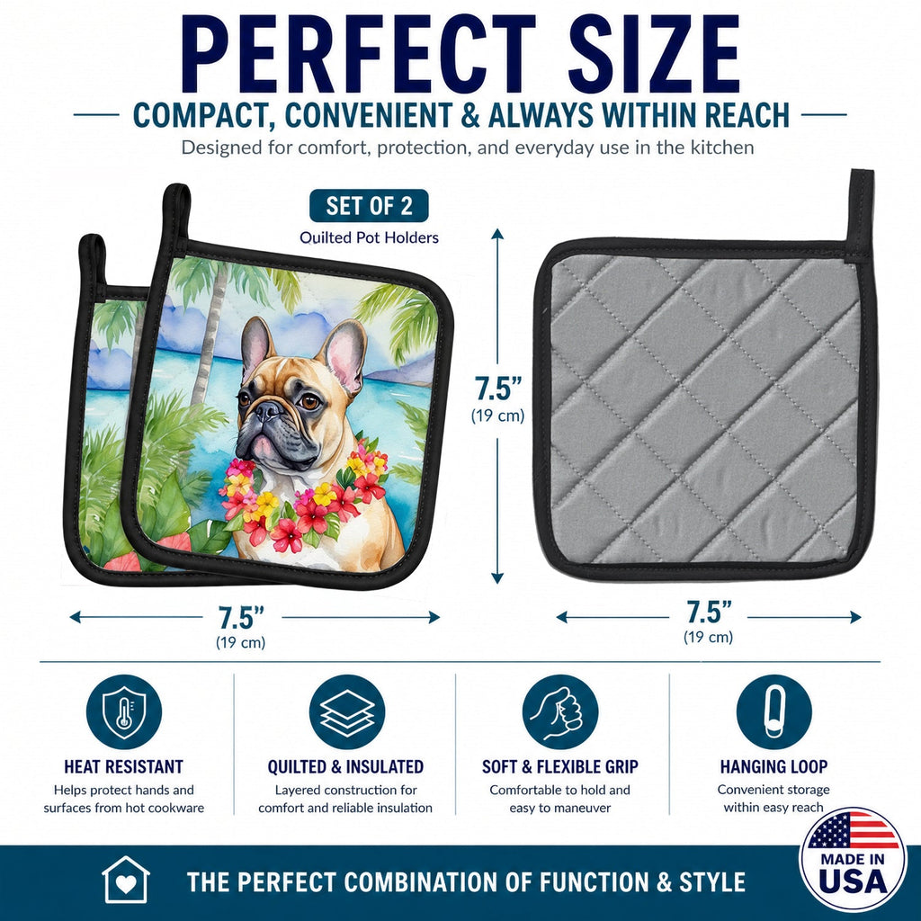French Bulldog Luau Pot Holder Set of 2 Heat Resistant Quilted Hot Pads 7.5 x 7.5 Inch, Insulated Kitchen Trivets for Cooking & Baking