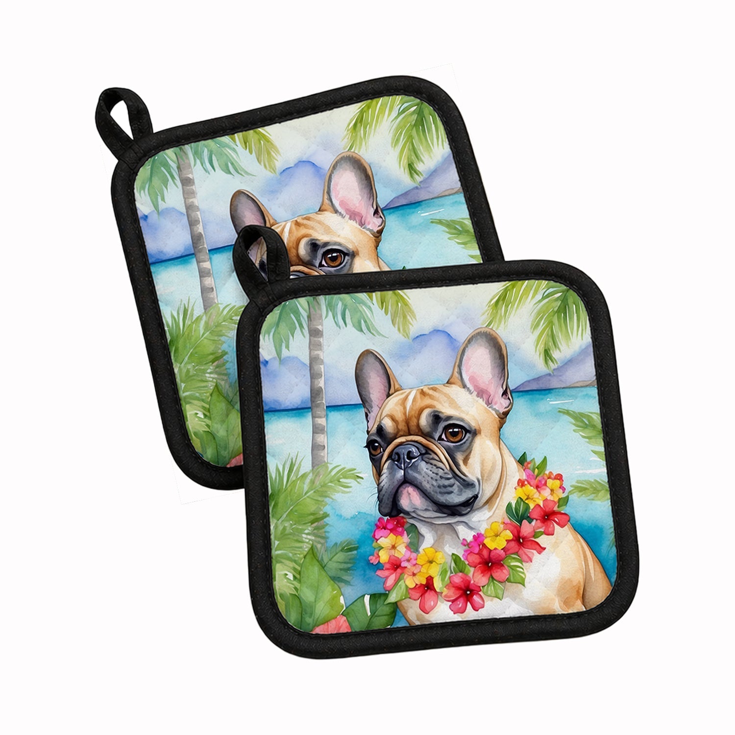 French Bulldog Luau Pot Holder Set of 2 Heat Resistant Quilted Hot Pads 7.5 x 7.5 Inch, Insulated Kitchen Trivets for Cooking & Baking