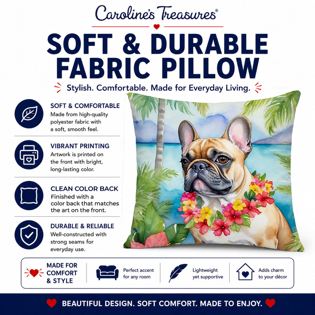 French Bulldog Luau Decorative Throw Pillow 14x14 Indoor Outdoor Accent Cushion, Fabric Cover with Insert for Sofa, Bed, Porch & Living Room
