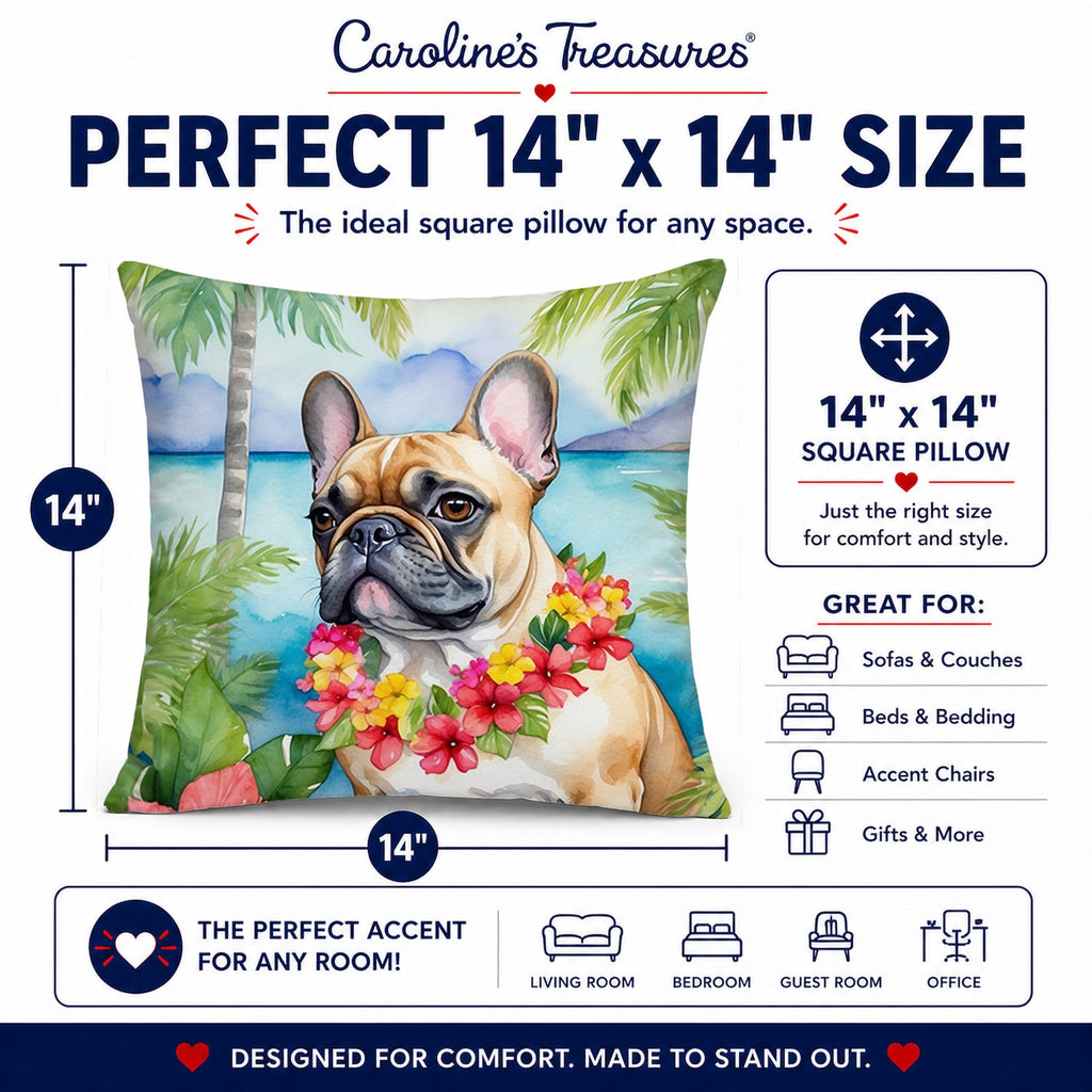French Bulldog Luau Decorative Throw Pillow 14x14 Indoor Outdoor Accent Cushion, Fabric Cover with Insert for Sofa, Bed, Porch & Living Room