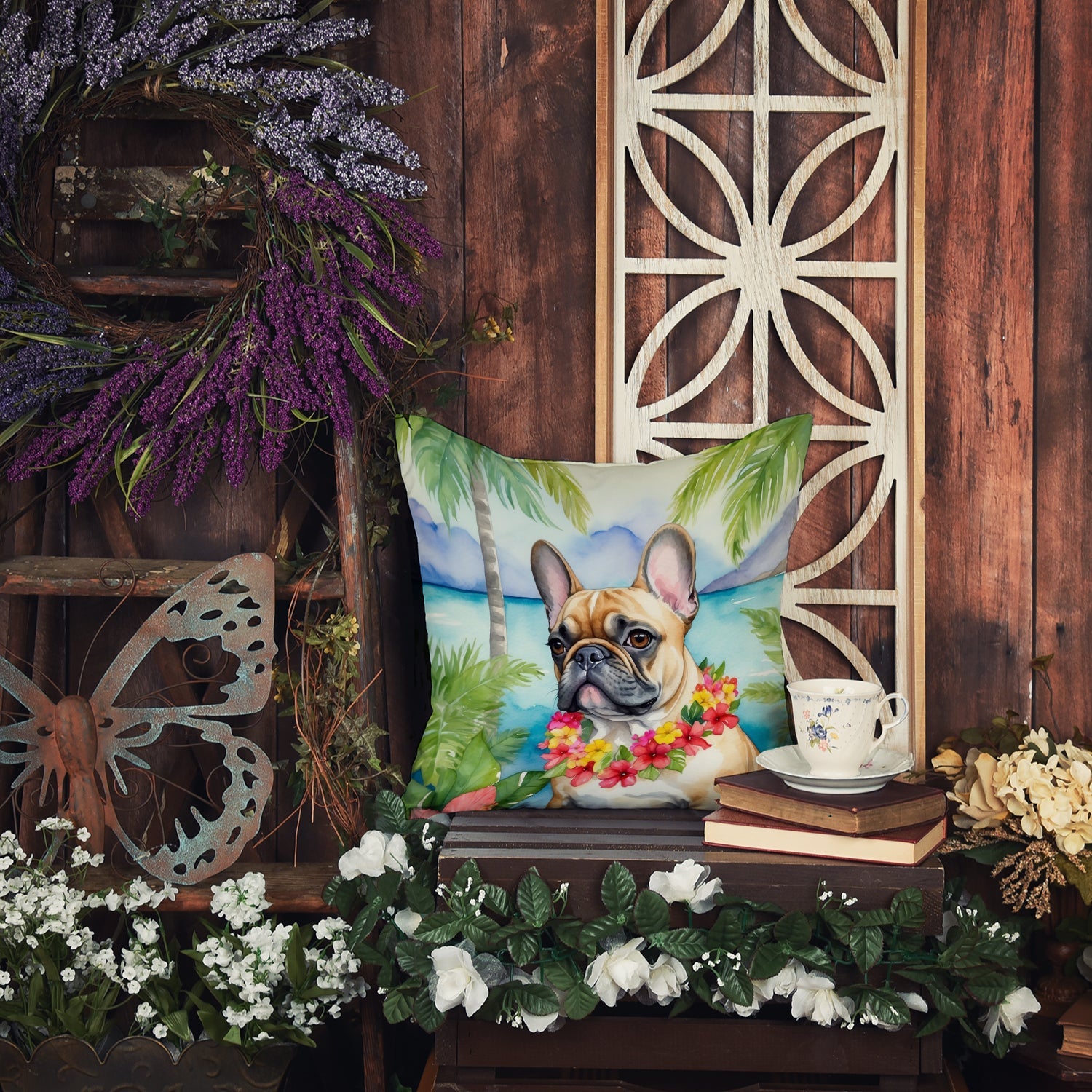 French Bulldog Luau Decorative Throw Pillow 18x18 Indoor Outdoor Accent Cushion, Fabric Cover with Insert for Sofa, Bed, Porch & Living Room