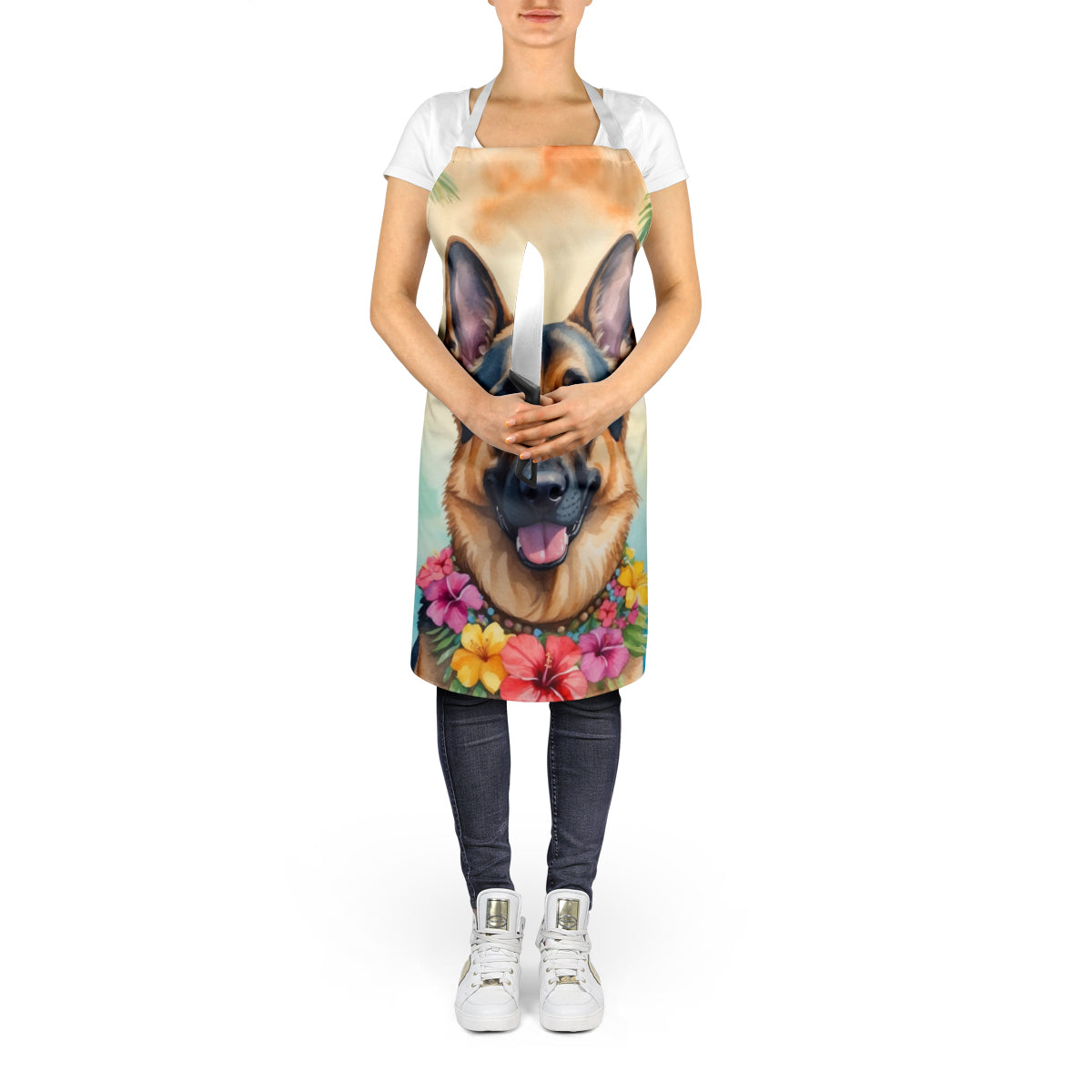 German Shepherd Luau Apron Cooking Kitchen Server Baking Crafts Gardening for Adult Women Men, Unisex, Large, Multicolor
