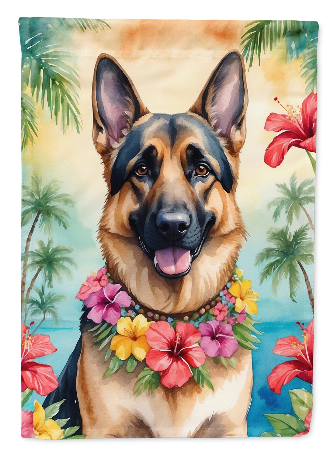 German Shepherd Luau House Flag 28x40 Porch Sleeve Pole Decorative Outside Yard Banner Artwork Wall Hanging, Polyester